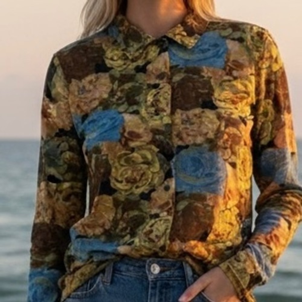NWT Floral Mesh‎ Button Down Shirt Long Sleeve Lined Women's M Whimsy Sheer
